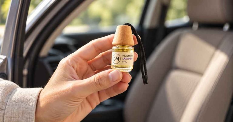 Profumo auto alla lavanda in mano